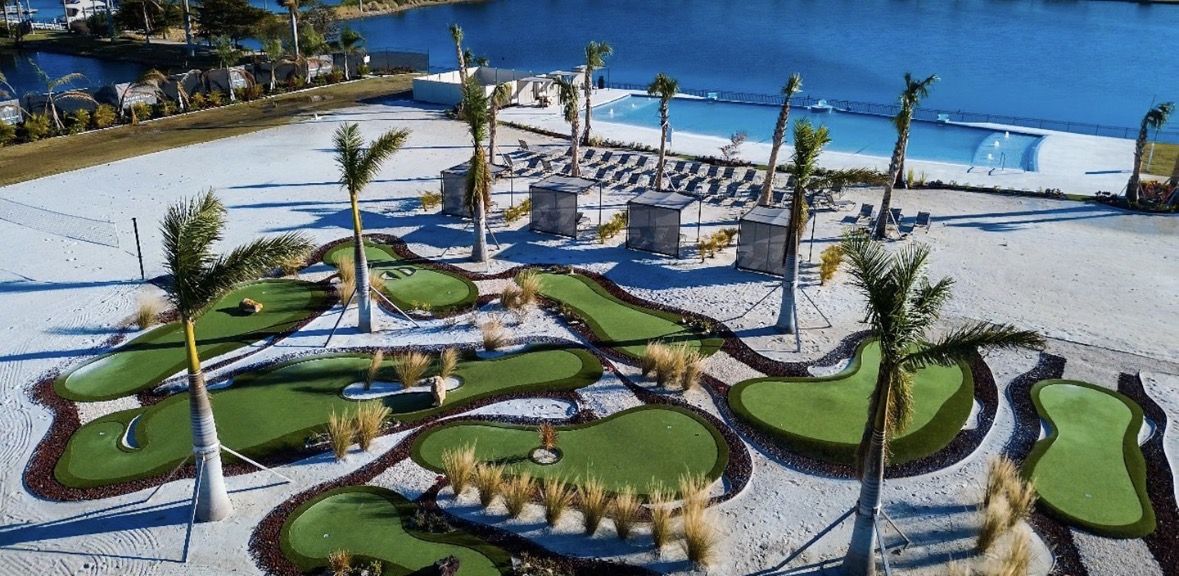 Putting greens, cabanas and lagoon pool at the Palmetto Marriott Resort & Spa